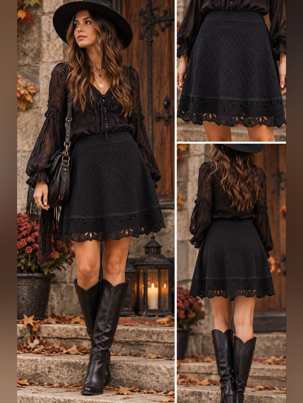LOFT Lace Skirt Size 8P Black Romantic Boho Feminine Cottagecore Whimsigoth Fall